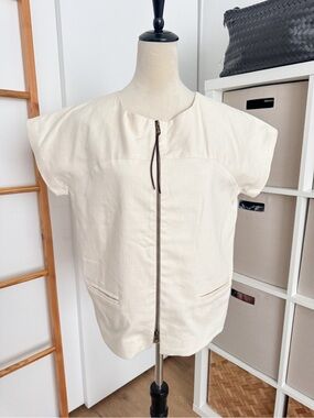 Erica Tanov Ivory Cream Short Sleeve Zip Jacket Linen Look Utility Size 2